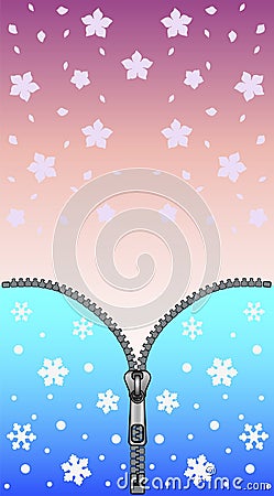 Metaphor of the changing seasons - the onset of spring after winter - the zipper opens and spring flowers appear instead of snowfl Vector Illustration