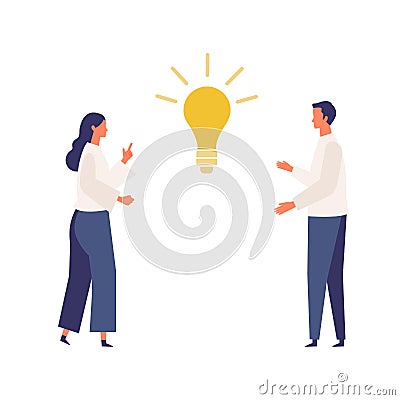 Metaphor of cooperation, create an idea, brainstorming. Flat design vector illustration of business people Vector Illustration