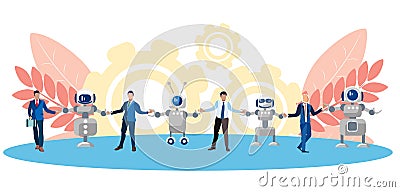 Metaphor of friendship, cooperation of people and technology. Chain of human and robots. In minimalist style. Flat Vector Illustration