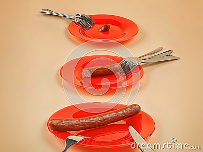 Metaphor for inequality in allocating budget, resources, wages, funds, finances, goods or assistance with three sausages and many Stock Photo