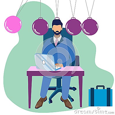 Metaphor of Newtons cradle in minimalist style. Businessman head replaces one ball Cartoon Raster Stock Photo