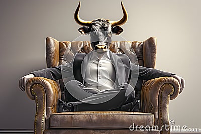 Metaphore of businessman with cow head. Bullish trend of stock market concept Stock Photo
