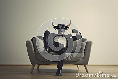 Metaphore of businessman with cow head. Bullish trend of stock market concept Stock Photo