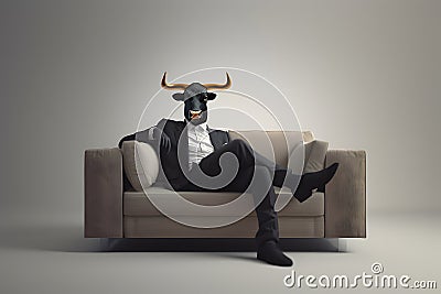 Metaphore of businessman with cow head. Bullish trend of stock market concept Stock Photo