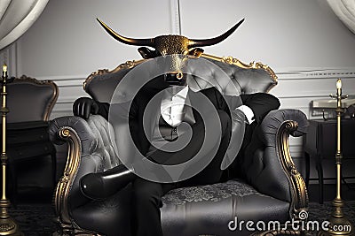 Metaphore of businessman with cow head. Bullish trend of stock market concept Stock Photo