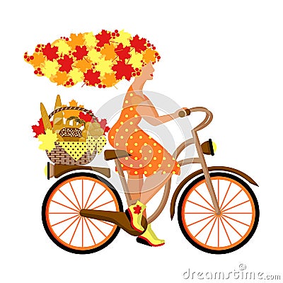 A metaphorical fairy tale character. Young autumn woman with hair from leaves rides a Bicycle Vector Illustration