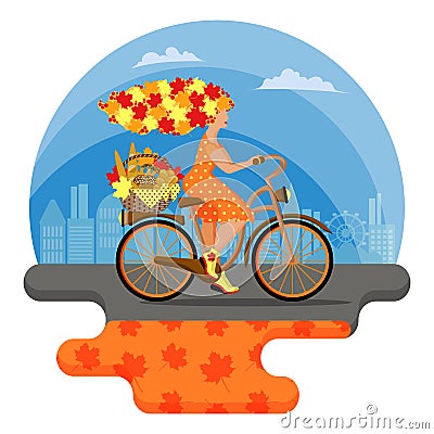 A metaphorical fairy tale character. Young autumn woman with hair from leaves rides a bicycle in the city Vector Illustration