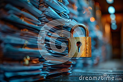 Metaphorical representation of online data protection papers, lock, and digital security concepts Stock Photo