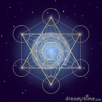 Metatron Cube symbol on a starry sky, elements of sacred geometry Vector Illustration