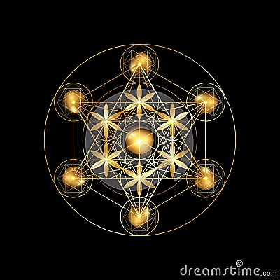 Metatron`s Cube, Flower of Life. Gold Sacred geometry. Mystic golden icon platonic solids Merkabah, abstract geometric drawing Vector Illustration