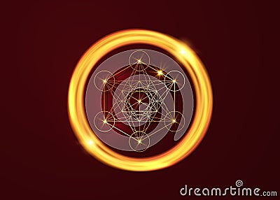 Metatrons Cube, Flower of Life. Golden Sacred geometry in golden round frame. Vector isolated or dark red background. Mystic gold Vector Illustration