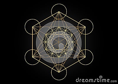 Metatrons Cube, Flower of Life. Golden Sacred geometry, graphic element Vector isolated Illustration. Mystic icon platonic solids Vector Illustration
