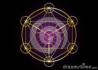 Metatrons Cube, Flower of Life. Sacred geometry, graphic element magic hexagram. Gold Vector isolated. Golden Mystic icon Vector Illustration