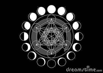 Metatrons Cube, Flower of Life. Sacred geometry, Moon Phases, geometric elements. Mystic icon platonic solids, abstract geometric Vector Illustration