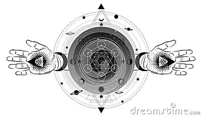 Metatrons Cube, Flower of Life, Sacred geometry, third eye with hand esoteric spiritual icon and the moon phases. Masonic symbol Vector Illustration