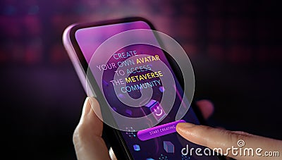 Metaverse and Blockchain Technology Concept. Hand Using Mobile Phone to Create an Own Avatar for Metaverse Community Stock Photo