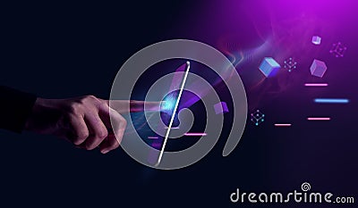 Metaverse and Blockchain Technology Concepts. Person with an Experiences of Metaverse Virtual World via Smart Phone. Futuristic Stock Photo