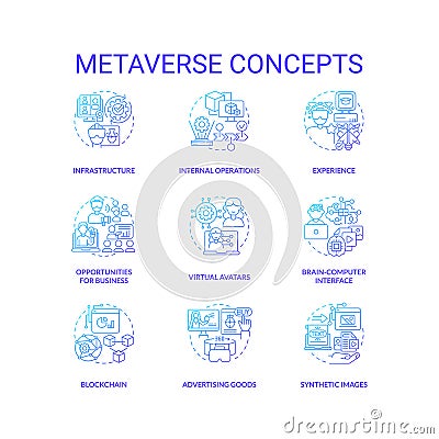 Metaverse blue gradient concept icons set Vector Illustration
