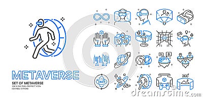Metaverse blue line icon set with VR, Virtual reality, Game metaverse concept more, pixel perfect icon vector, editable stroke. Vector Illustration
