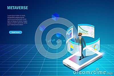 Metaverse in business workplace virtual reality environment. Businessman wear VR goggle glass experience 3D graph chart on smart Vector Illustration