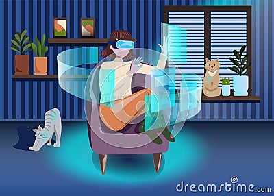 Metaverse digital cyber world technology, woman holding virtual reality glasses surrounded with futuristic interface 3d hologram Vector Illustration