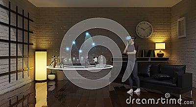 Metaverse and female avatars through VR glasses working and trading stocks online business vr headset in the living room 3d Stock Photo