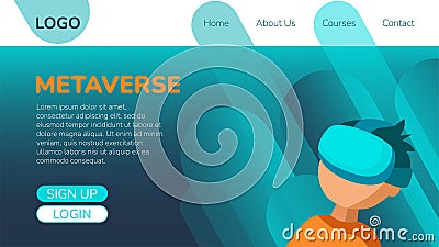 Metaverse items landing page. Boy with VR Headset, virtual reality glasses abstract background. Alpha generation children in cyber Vector Illustration