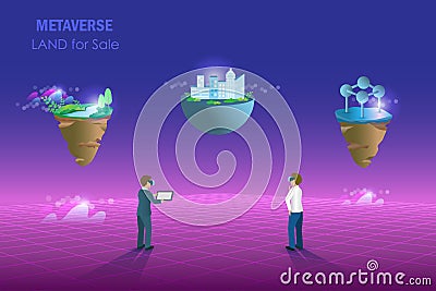 Metaverse land for sale, digital real estate and property investment technology. Businessman buy virtual land for sale in Vector Illustration