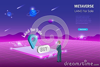 Metaverse land for sale, digital real estate and property investment technology. Man buy virtual reality land for sale in Vector Illustration