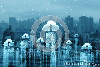 Metaverse, smart city and digitalization concept with digital cloud symbols above skyscrapers visualization on blurred city Stock Photo