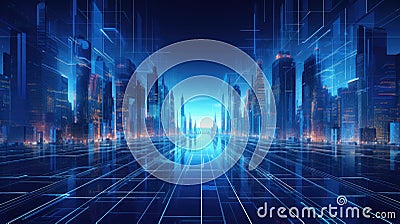 A metaverse smart technology city with digital futuristic data skyscrapers against a technological blue background, Ai Generated Stock Photo