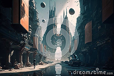 Metaverse and virtual reality concept, dystopia of futuristic cyber city, generative AI Stock Photo