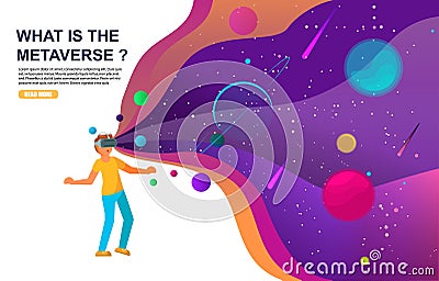Metaverse or virtual world. Boy in VR glasses interacting with virtual reality. VR technology, metaverse gaming, vector. Cartoon Illustration