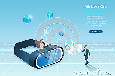 Metaverse VR goggle glass in virtual reality environment. Businessman experience 3D analysing graph chart in metaverse simulation Vector Illustration