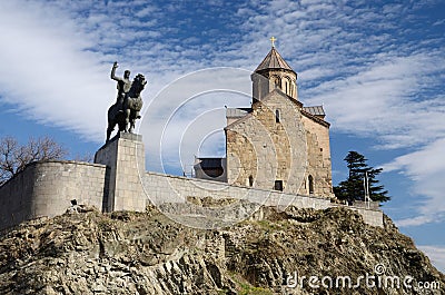 Metekhi church and King Vakhtang Gorgasali,Tbilisi,Georgia Stock Photo