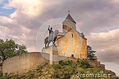 Metekhi church and monument of King Vakhtang Gorgasali in Tbilisi, Georgia Stock Photo