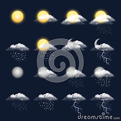 Meteo realistic icon. Clouds sun rain wind snow vector weather symbols Vector Illustration