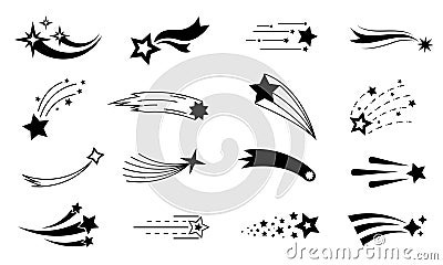 Meteor icon. Shooting star silhouette. Black space comet with trail. Falling abstract fantasy meteorite. Firework flashes. Vector Illustration