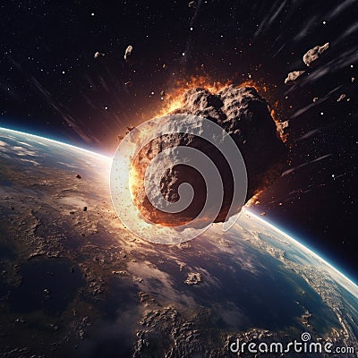 Meteor Impact with Earth, fireball Asteroid In Collision with Planet Stock Photo