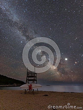 Meteor and Milk way in Acadia National Park in Maine Stock Photo