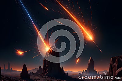 a meteor shower fiery meteors streaking across the sky representing the potential gen ai Stock Photo