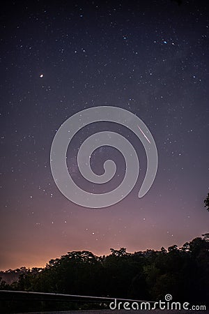 A view of meteor shower and the milky way with tree forest silhouette in the background. Night Perseid meteor shower observation. Stock Photo