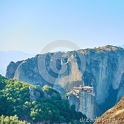 Meteora in Greece with Rousanou nunnery Stock Photo