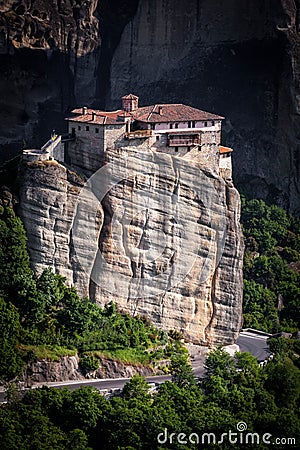 Meteora Roussanou Monastery on rock, Greece Stock Photo