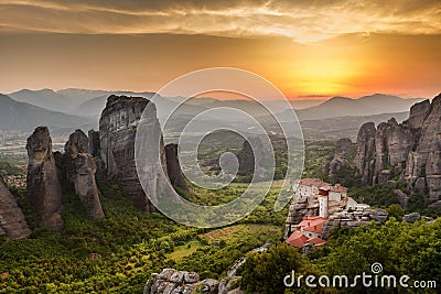Meteora Roussanou Monastery at sunset, Greece Stock Photo