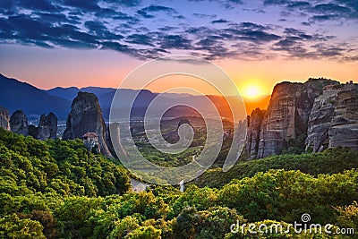 Meteora & Sunset Stock Photo