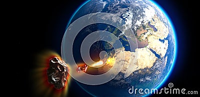 Meteorite hitting Jupiter. Asteroid on a collision course towards Jupiter. Explosion, cataclysm end of the world Stock Photo