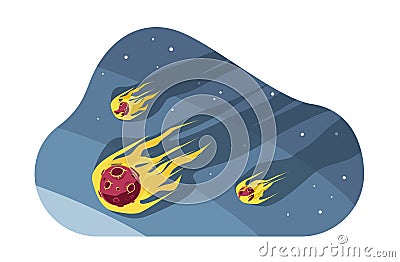 Meteorites flying in starry night sky. Meteor stone with fire. Asteroid comet in outer space. Cataclysm and destruction Vector Illustration