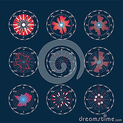 Meteorological graphic wind rose chart set with dark background Vector Illustration