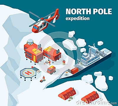 Meteorological north station. Polar north pole background explorer tourism antarctica buildings vector isometric Vector Illustration